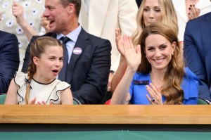LONDON, ENGLAND - JULY 13: Princess Charlotte of Wales and Catherine, Princess of Wales attend day fourteen of the Wimbledon Tennis Championships at the All England Lawn Tennis and Croquet Club at All England Lawn Tennis and Croquet Club on July 13, 2025 in London, England. (Photo by Karwai Tang/WireImage)