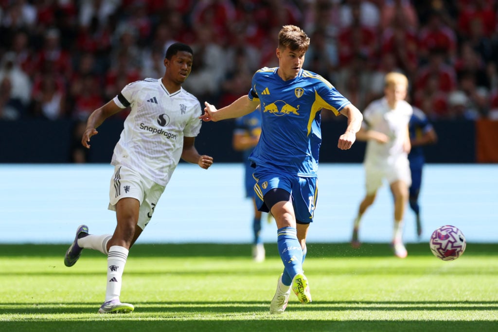 Jaka Bijol in action for Leeds United against Manchester United.