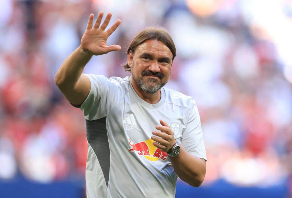 Daniel Farke waves to the Leeds fans.