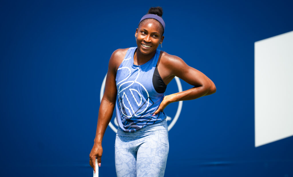 Coco Gauff of the United States during practice ahead of the National Bank Open at Stade IGA on July 25, 2025 in Montreal, Quebec