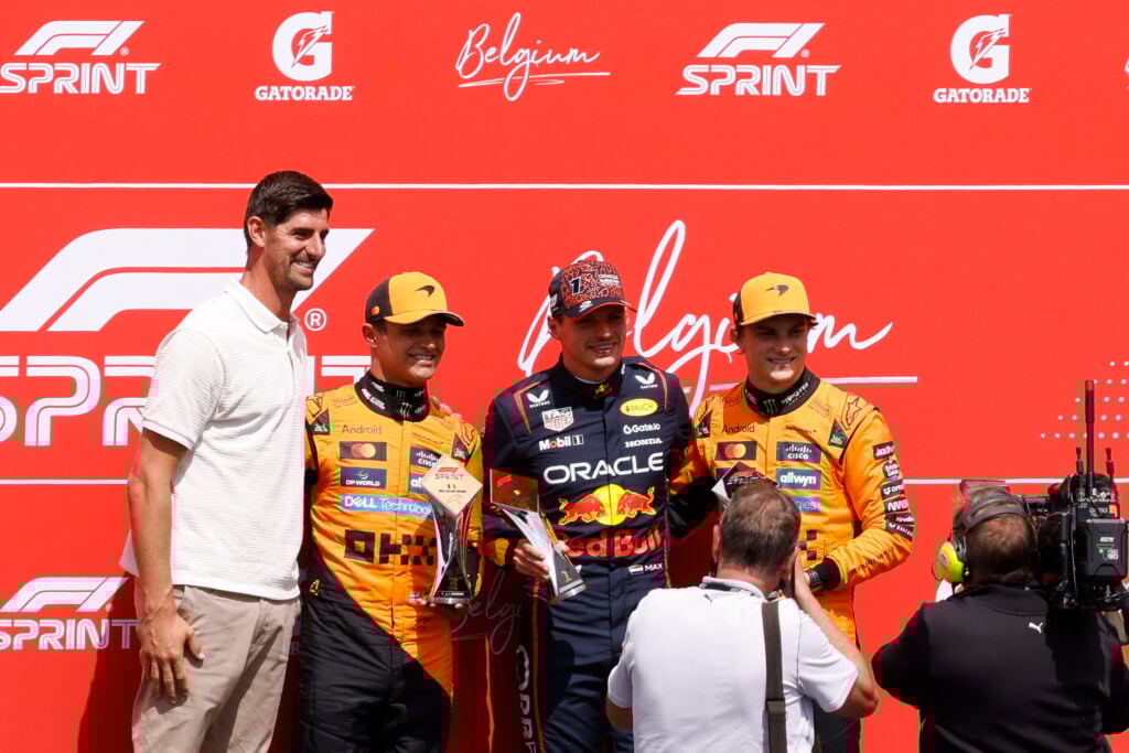 Max Verstappen celebrating winning the 2025 Belgian Grand Prix Sprint Race