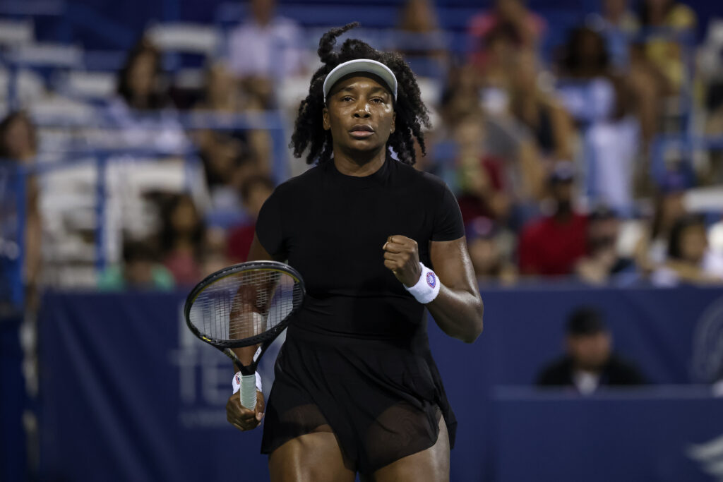 Venus Williams of the United States celebrates after a point against Magdalena Frech of Poland during a women's singles match on day 4 of the Mubadala Citi DC Open 2025 at William H.G. FitzGerald Tennis Center on July 24, 2025 in Washington, DC.