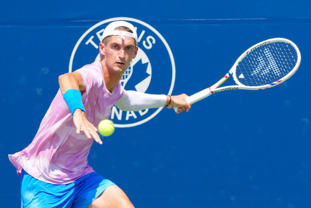 Terence Atmane (FRA) returns the ball during his second round match at ATP National Bank Open on July 29, 2025 at Sobeys Stadium in Toronto, ON, Canada