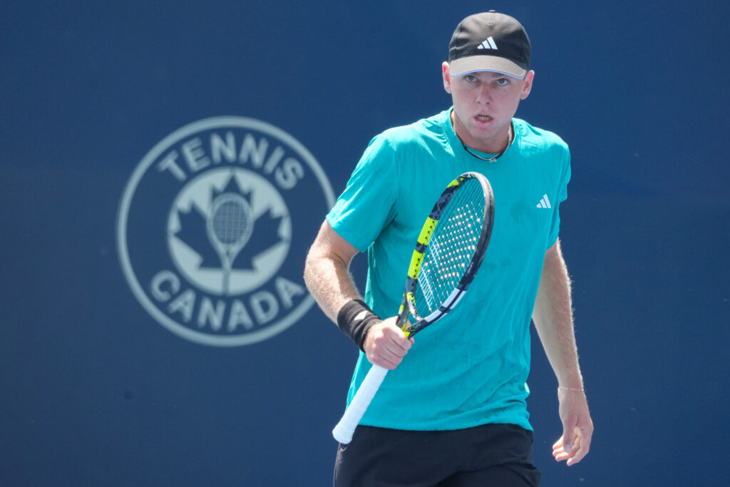 Alex Michelsen (USA) reacts during his second round match at ATP National Bank Open on July 29, 2025 at Sobeys Stadium in Toronto, ON, Canada