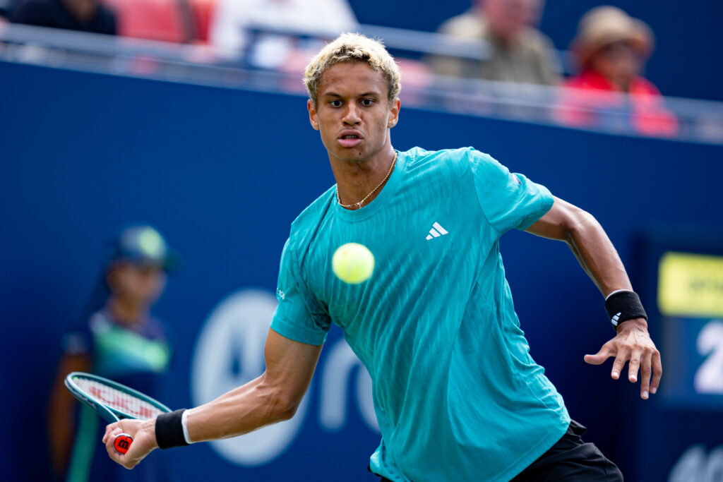 Gabriel Diallo (CAN) returns the ball during his second round match at ATP National Bank Open on July 30, 2025 at Sobeys Stadium in Toronto, ON, Canada