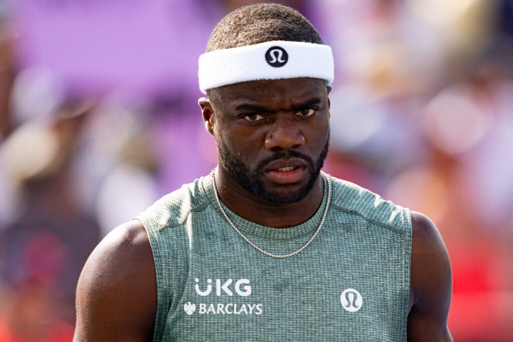Frances Tiafoe reacts during his second round match at ATP National Bank Open on July 30, 2025 at Sobeys Stadium in Toronto.