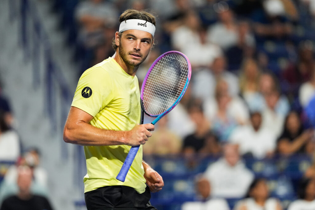 Taylor Fritz of the United States in action against Roberto Carballes Baena of Spain on day five of the 2025 National Bank Open at Sobeys Stadium in Toronto, Ontario, Canada on July 30, 2025.