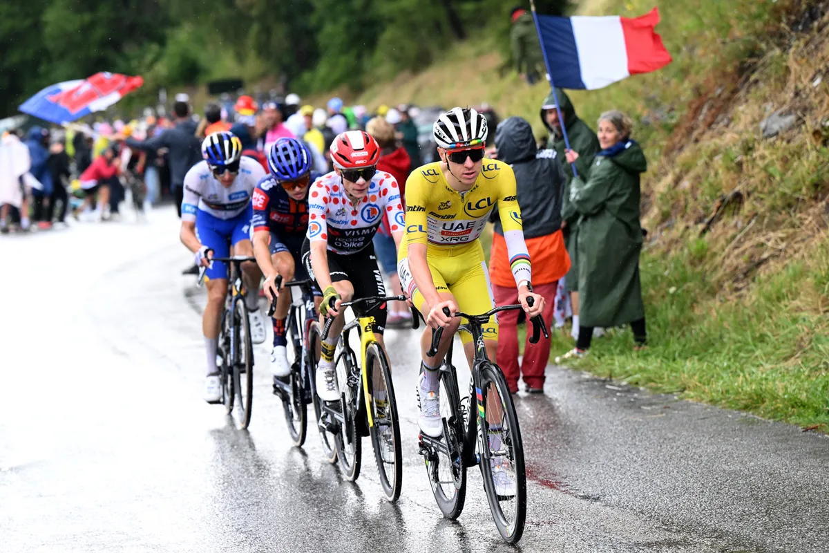 Tadej Pogačar, Jonas Vingegaard, Oscar Onley and Florian Lipowitz at the 2025 Tour de France.