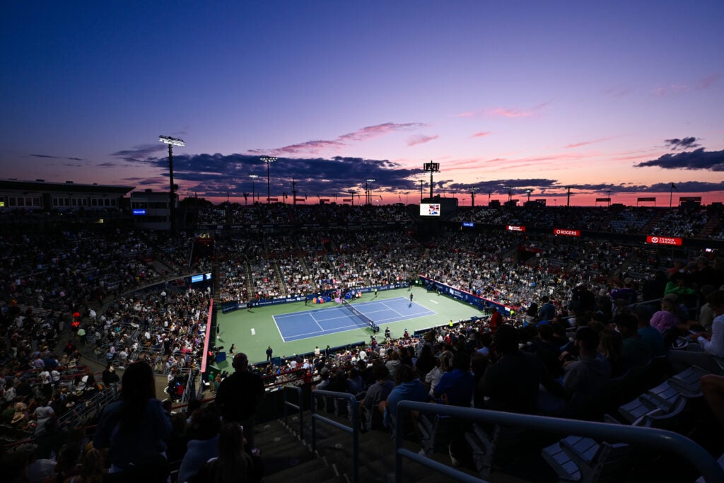 A general view of centre court between Marie Bouzkova of Czechia and Victoria Mboko of Canada during their third round match on Day Five of the WTA 1000 National Bank Open at IGA Stadium.