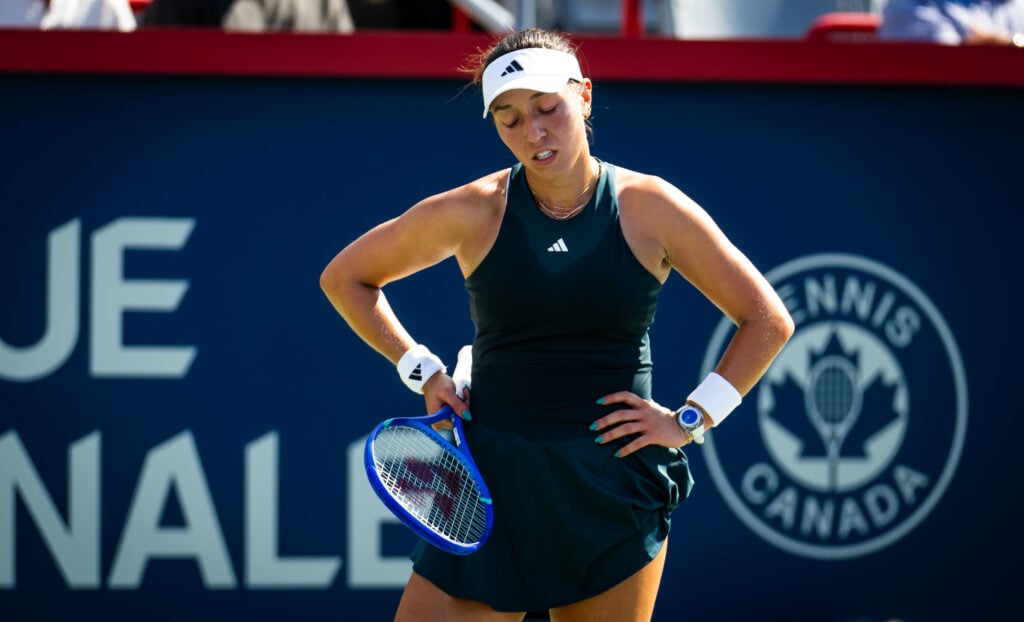 Jessica Pegula of the United States reacts during her third round contest at the 2025 WTA 1000 National Bank Open presented by Rogers