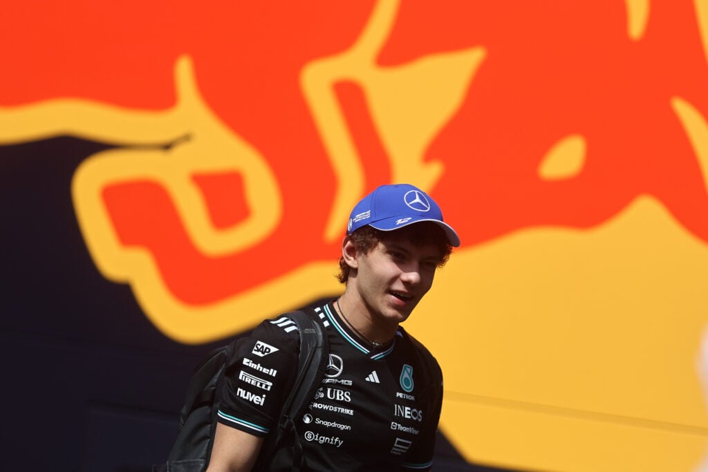 Kimi Antonelli of Mercedes walks through the F1 paddock