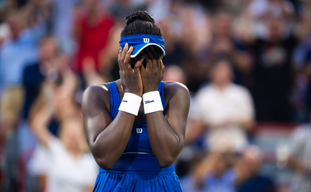 Victoria Mboko of Canada reacts to defeating Coco Gauff of the United States in the fourth round of the National Bank Open at Stade IGA on August 02, 2025 in Montreal, Quebec