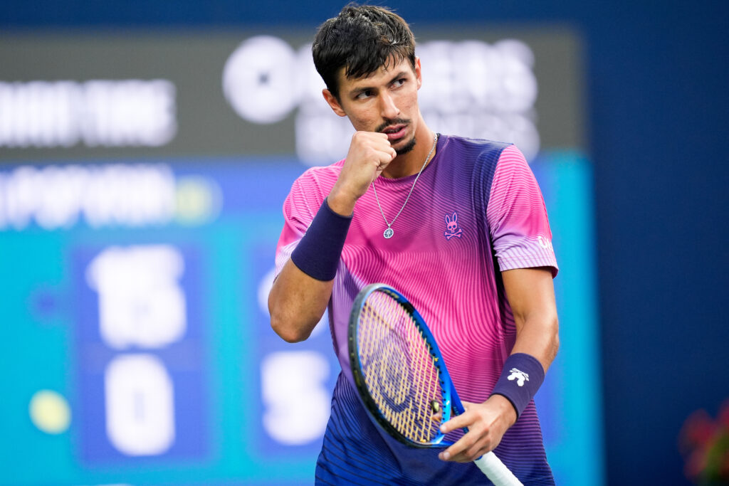 Alexei Popyrin of Australia reacts while playing against Holger Rune of Denmark on day eight of the 2025 National Bank Open at Sobeys Stadium in Toronto, Ontario, Canada on August 2 , 2025.