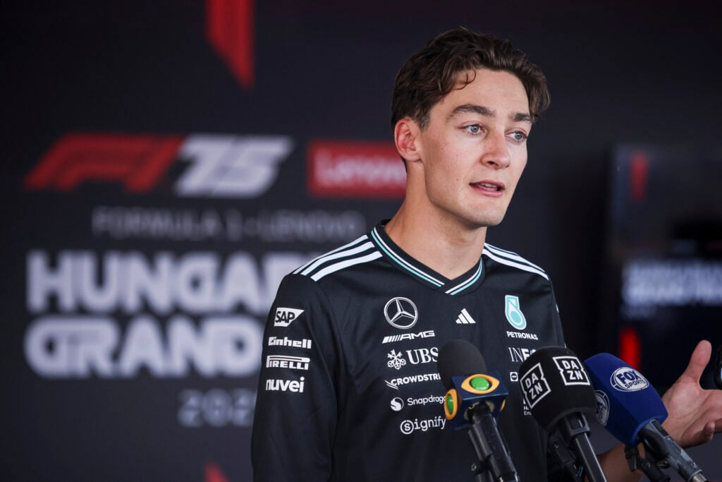 Mercedes driver George Russell being interviewed at the Hungarian Grand Prix