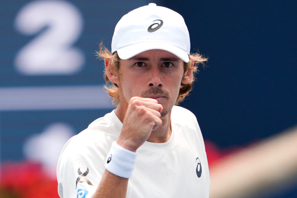 Alex de Minaur of Australia reacts while playing against Frances Tiafoe of the United States on day nine of the 2025 National Bank Open at Sobeys Stadium in Toronto, Ontario, Canada on August 3, 2025.