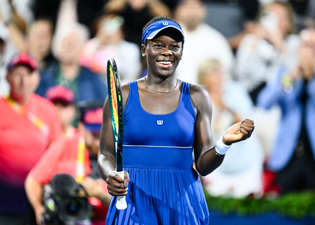 Victoria Mboko of Canada celebrates a victory against Jessica Bouzas Maneiro of Spain during their quarterfinals singles women's match on Day Nine of the WTA 1000 National Bank Open at IGA Stadium on August 4, 2025 in Montreal, Quebec, Canada.