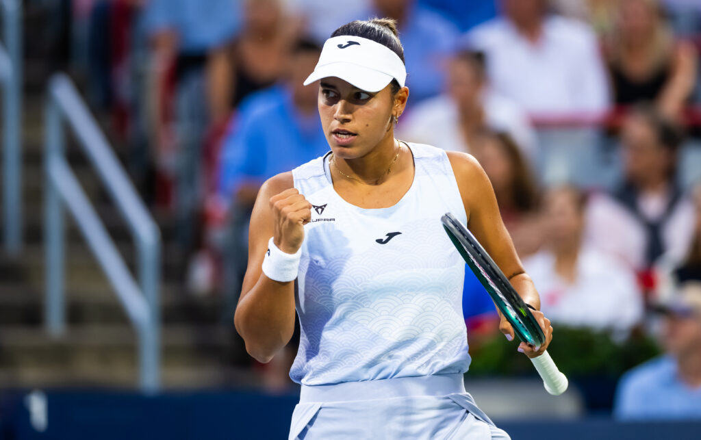 Jessica Bouzas Maneiro of Spain in action against Victoria Mboko of Canada in the quarter-final of the National Bank Open at Stade IGA on August 04, 2025 in Montreal, Quebec
