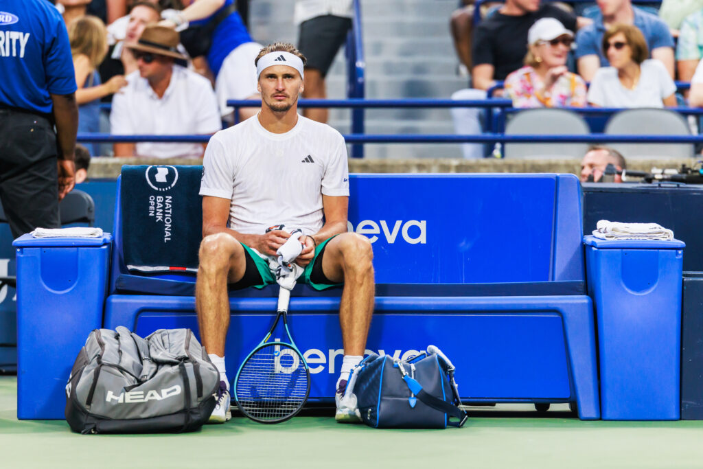 Alexander Zverev sits in his chair during a changeover at the 2025 National Bank Open