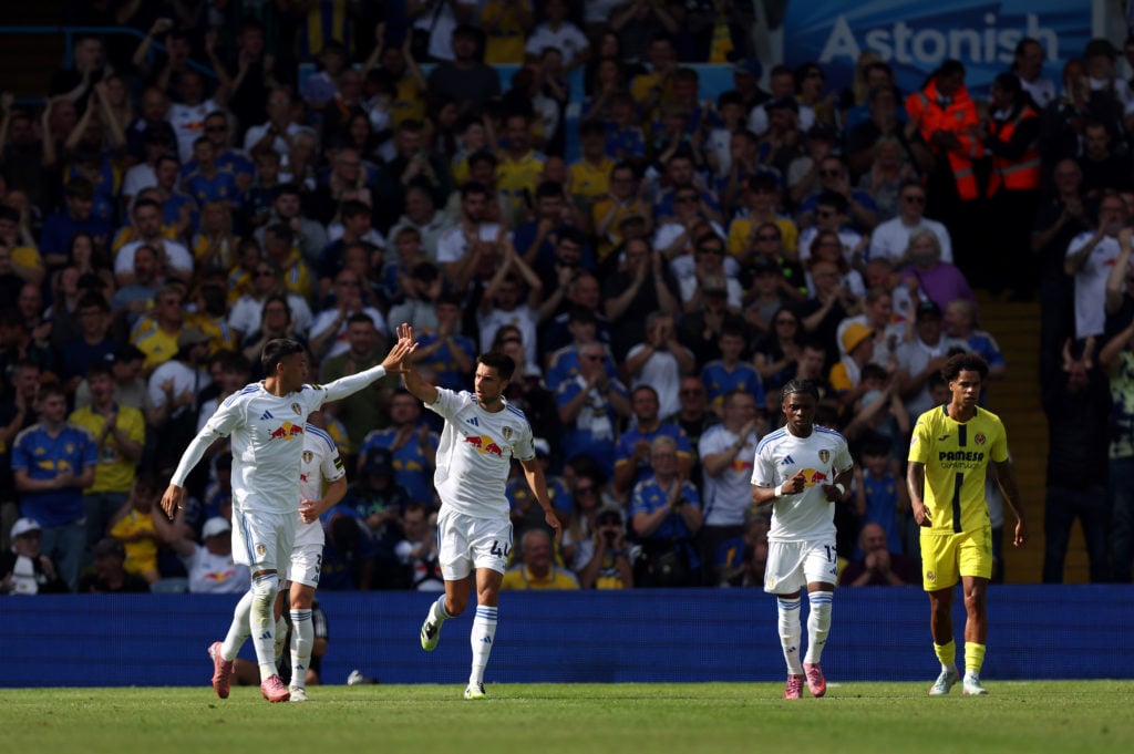 Leeds United players celebrate against Villarreal in pre-season.