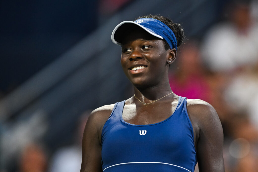 Look on Victoria Mboko (CAN) during the singles final match at WTA National Bank Open on August 07, 2025 at IGA Stadium in Montreal, QC
