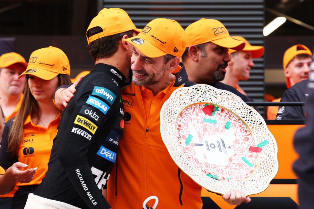 Race winner Lando Norris of Great Britain and McLaren Andrea Stella, Team Principal of McLaren, after the Hungarian Grand Prix