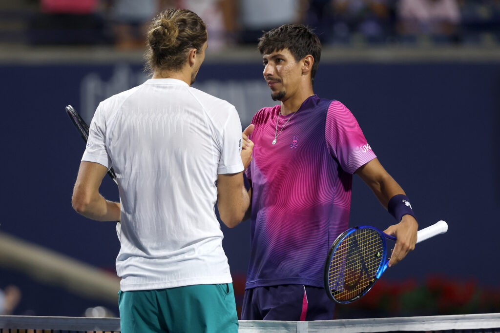 Alexzander Zverev shakes hands with Alexei Popyrin after beating him at the 2025 ATP Masters 1000 National Bank Open