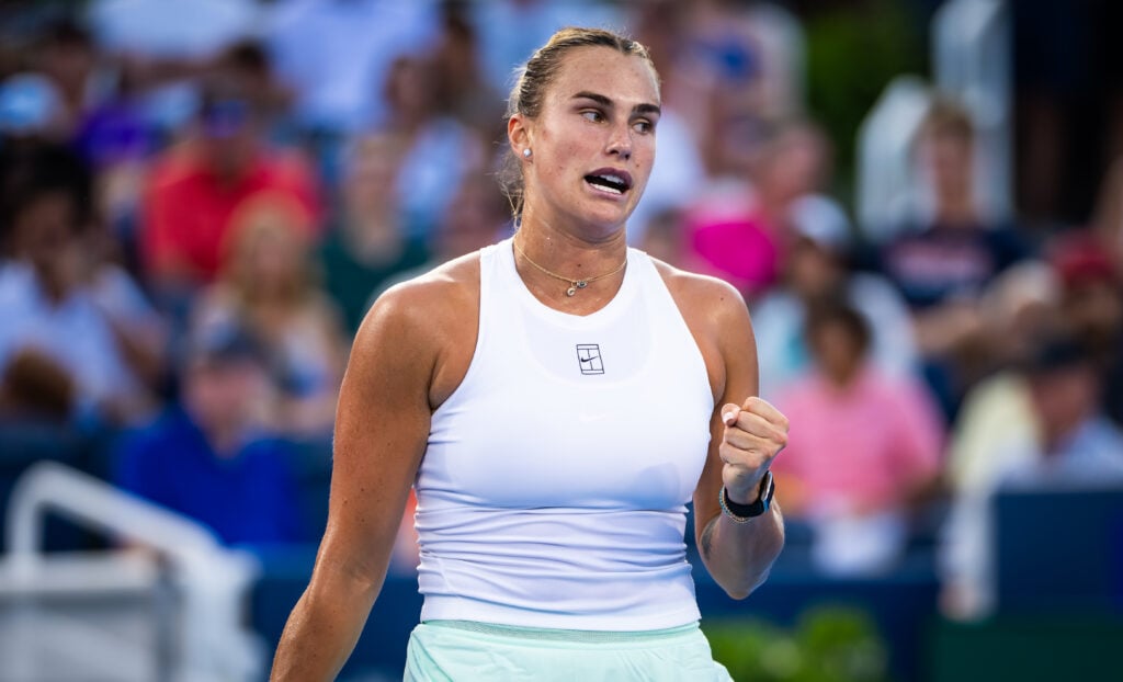 Aryna Sabalenka reacts at the Cincinnati Open.