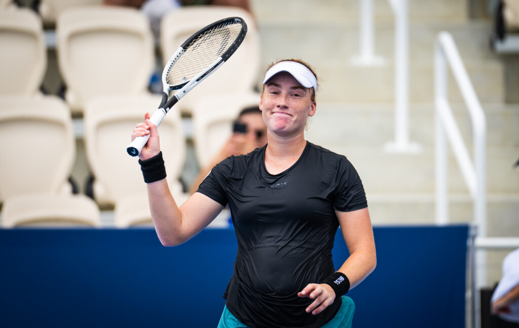 Ella Seidel of Germany celebrates defeating McCartney Kessler of the United States in the third round on Day 6 of the Cincinnati Open at Lindner Family Tennis Center on August 12, 2025 in Mason, Ohio