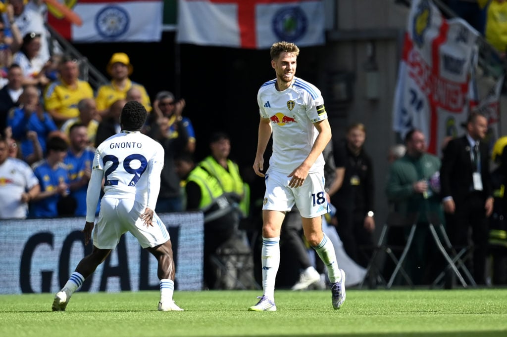 Anton Stach celebrates goal for Leeds United against AC Milan.