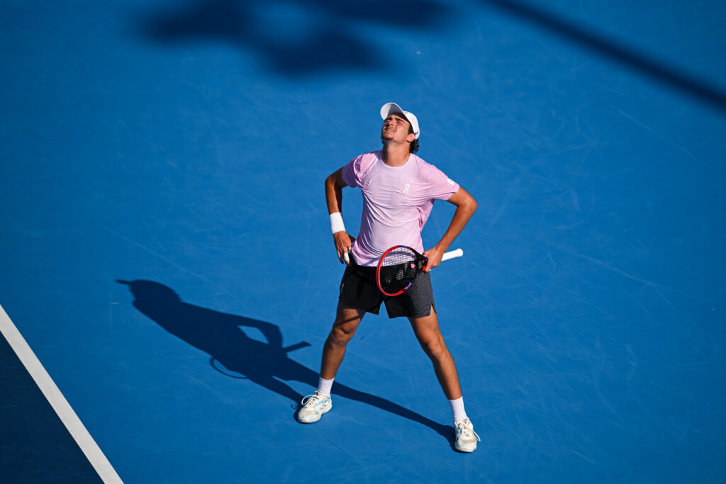 Joao Fonseca of Brazil reacts against Alejandro Davidovich Fokina of Spain during the Men's Singles Second Round match on day three of the Cincinnati Open 2025 at Lindner Family Tennis Center on August 09, 2025 in Mason, Ohio.