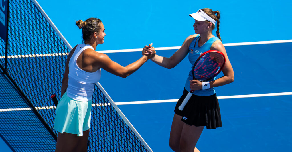 Elena Rybakina and Aryna Sabalenka shake hands at the net