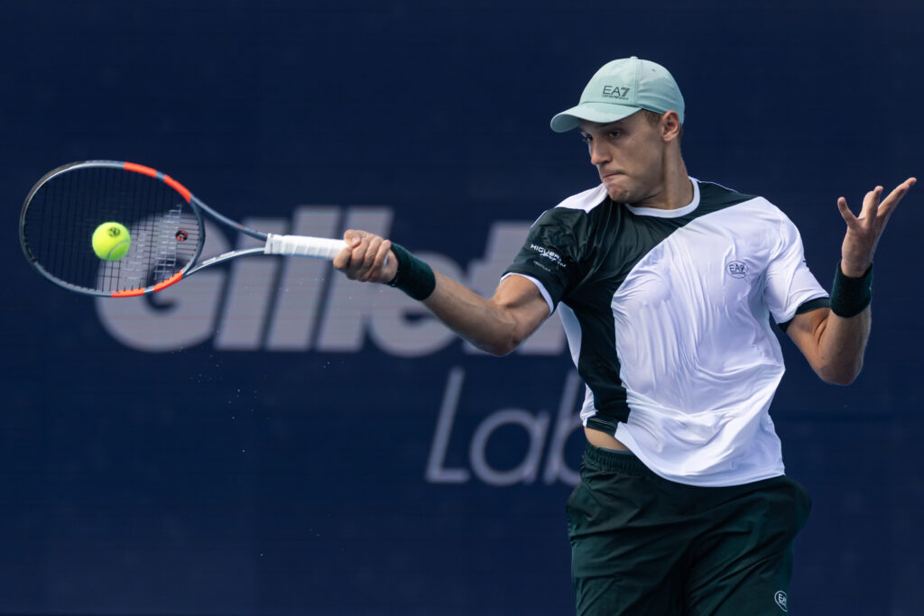 Hamad Medjedovic of Serbia in action against Carlos Alcaraz of Spain in the third round of the men's singles at the Cincinnati Open at the Lindner Family Tennis Center on August 12, 2025 in Mason, Ohio.