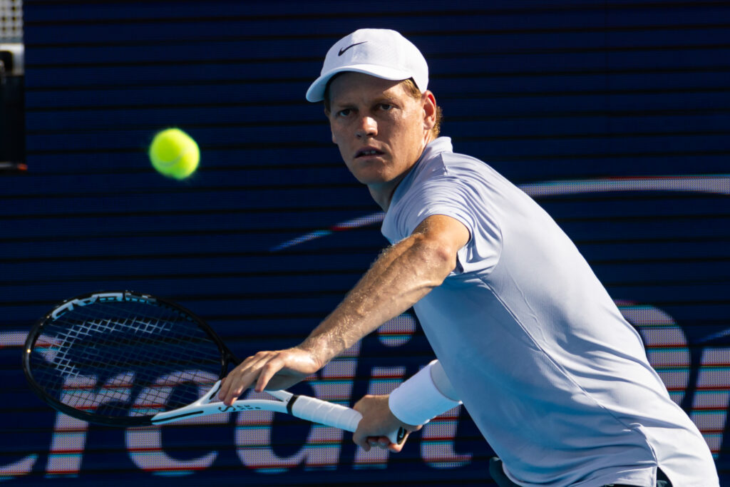 Jannik Sinner of Italy in action against Adrian Mannarino of France in the fourth round of the men's singles at the Cincinnati Open at the Lindner Family Tennis Center on August 13, 2025 in Mason, Ohio.