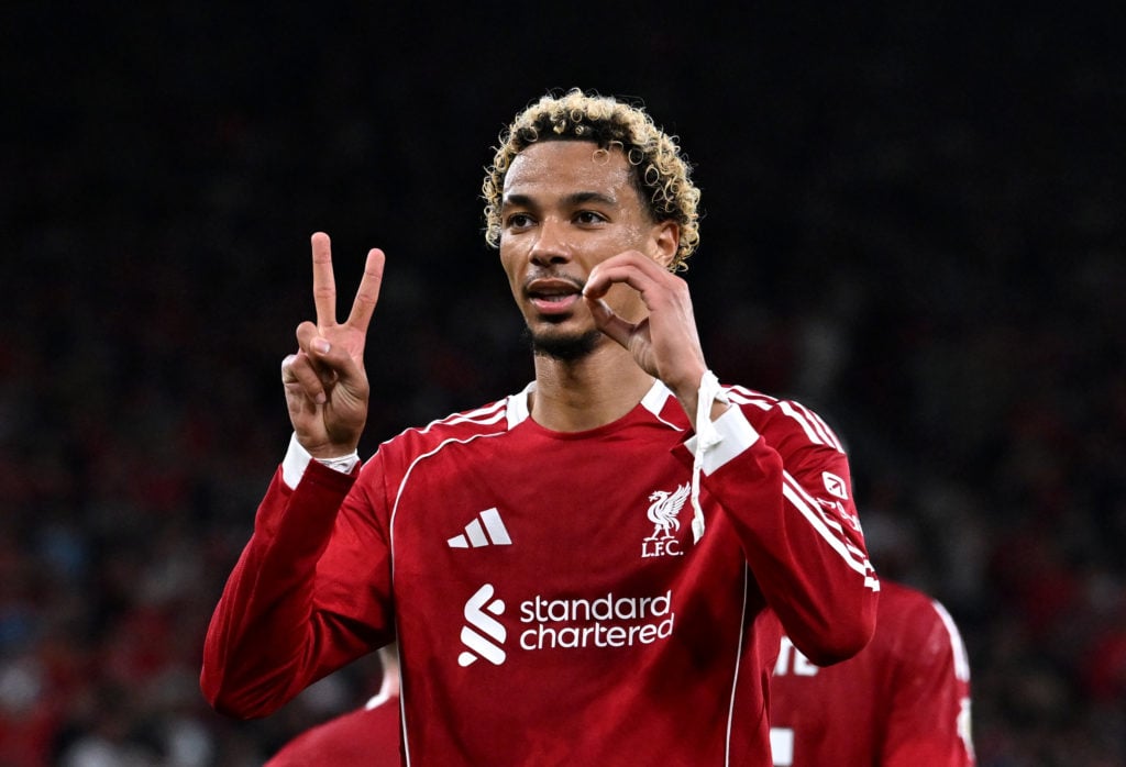 Hugo Ekitike of Liverpool celebrates scoring his team's first goal during the Premier League match between Liverpool and Bournemouth at Anfield
