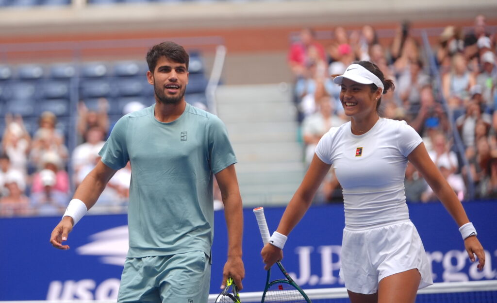 Jessica Pegula of USA and Jack Draper of the United Kingdom play against Carlos Alcaraz (L) of Spain and Emma Raducanu (R) of the United Kingdom during the mixed doubles at USTA Billie Jean King National Tennis Center on August 19, 2025, in Queens, New York City, USA.