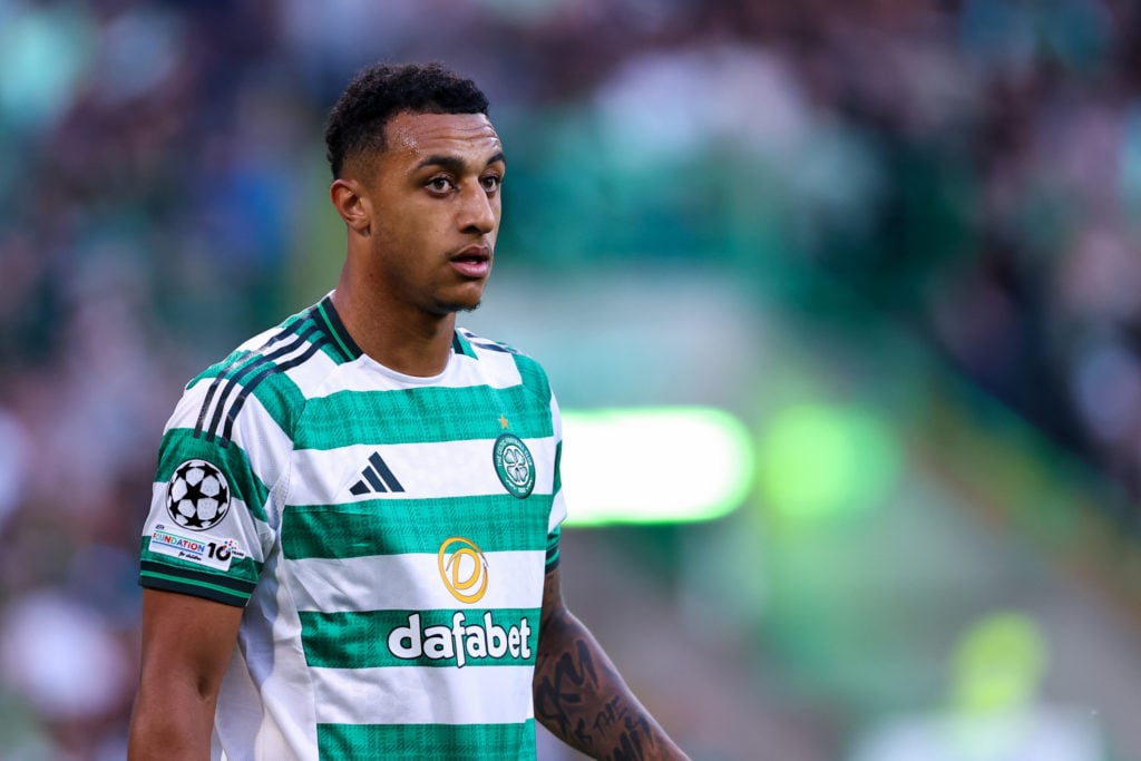 Adam Idah of Celtic during the UEFA Champions League Play-offs Round First Leg match between Celtic and Kairat Almaty at Celtic Park