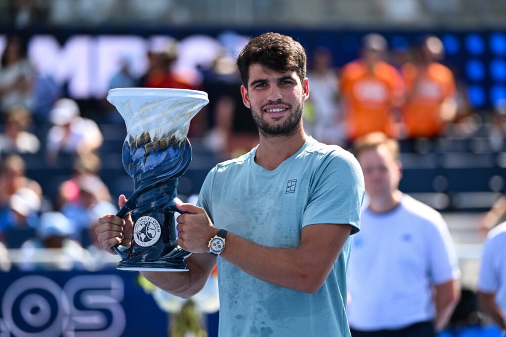 Carlos Alcaraz of Spain poses with the trophy after the Men's Singles Final match against Jannik Sinner of Italy on day twelve of the Cincinnati Open 2025 at Lindner Family Tennis Center.