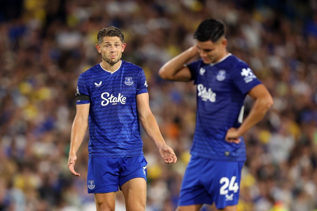 James Tarkowski of Everton protests the handball awarded against him vs Leeds United