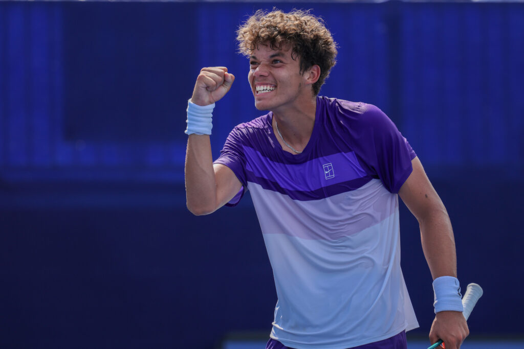 Darwin Blanch reacts after his win against Borna Coric of Croatia during Day 1 of the ATP 250 Winston-Salem Open at Wake Forest Tennis Complex on August 18, 2025 in Winston Salem, North Carolina.