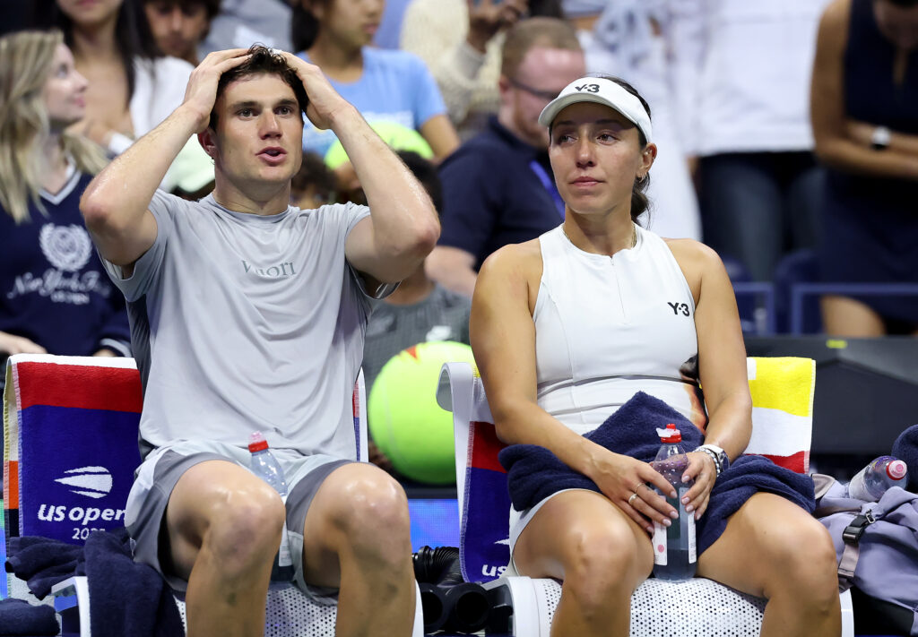 Jack Draper of Great Britain and Jessica Pegula of the United States react to the loss to Iga Swiatek of Poland and Casper Ruud of Norway during their Mixed Doubles Semifinal of the US Open at USTA Billie Jean King National Tennis Center on August 20, 2025 in New York City.