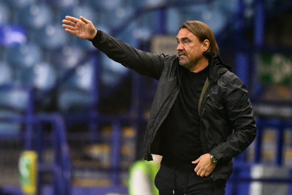 Leeds United's German head coach Daniel Farke gestures on the touchline during the English League Cup second round football match between Sheffield Wednesday and Leeds United.