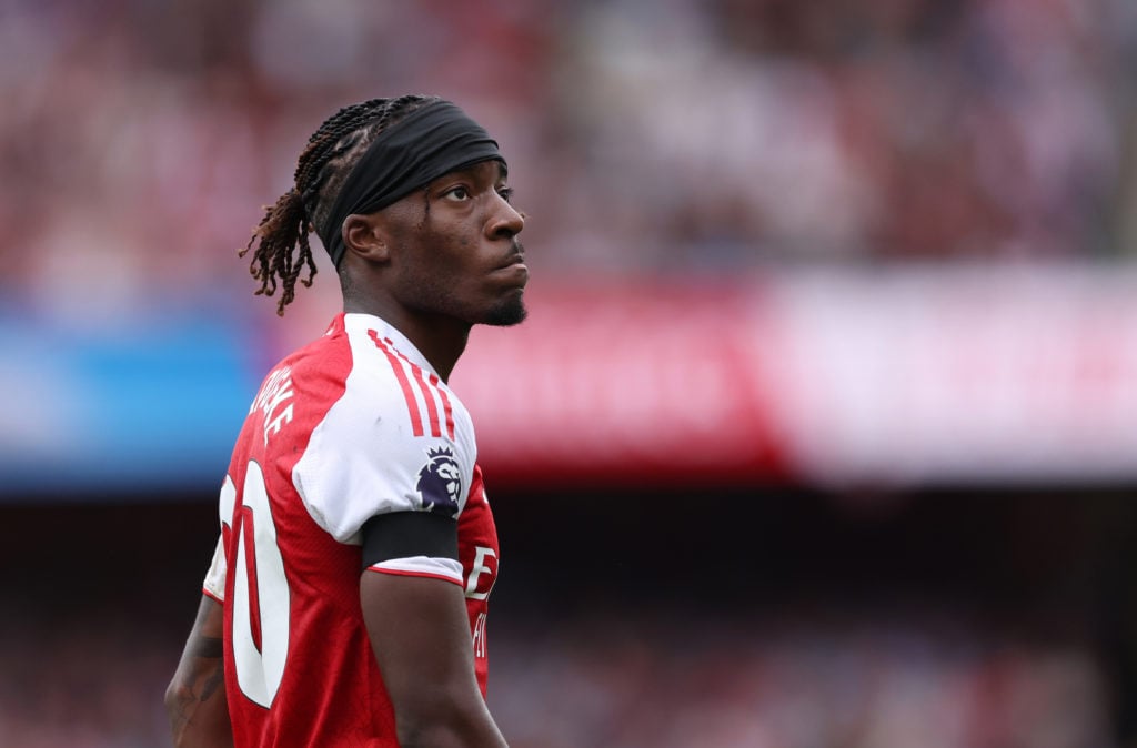 Noni Madueke looks on during Arsenal vs Leeds in the Premier League.