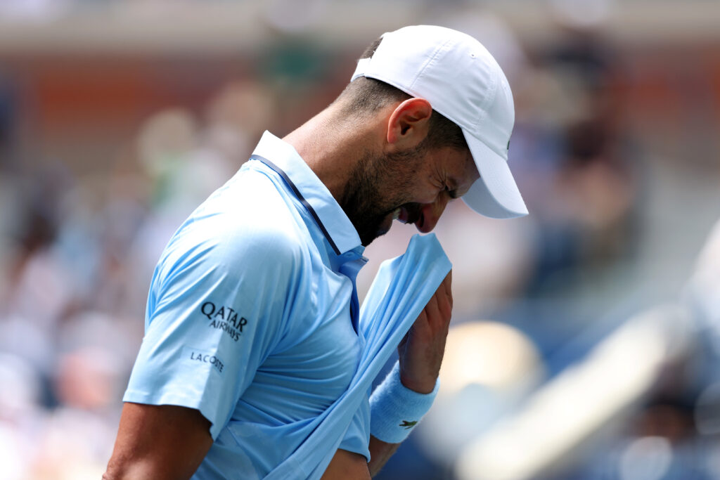 Novak Djokovic of Serbia reacts against Zachary Svajda of the United States during their Men's Singles Second Round match on Day Four of the 2025 US Open