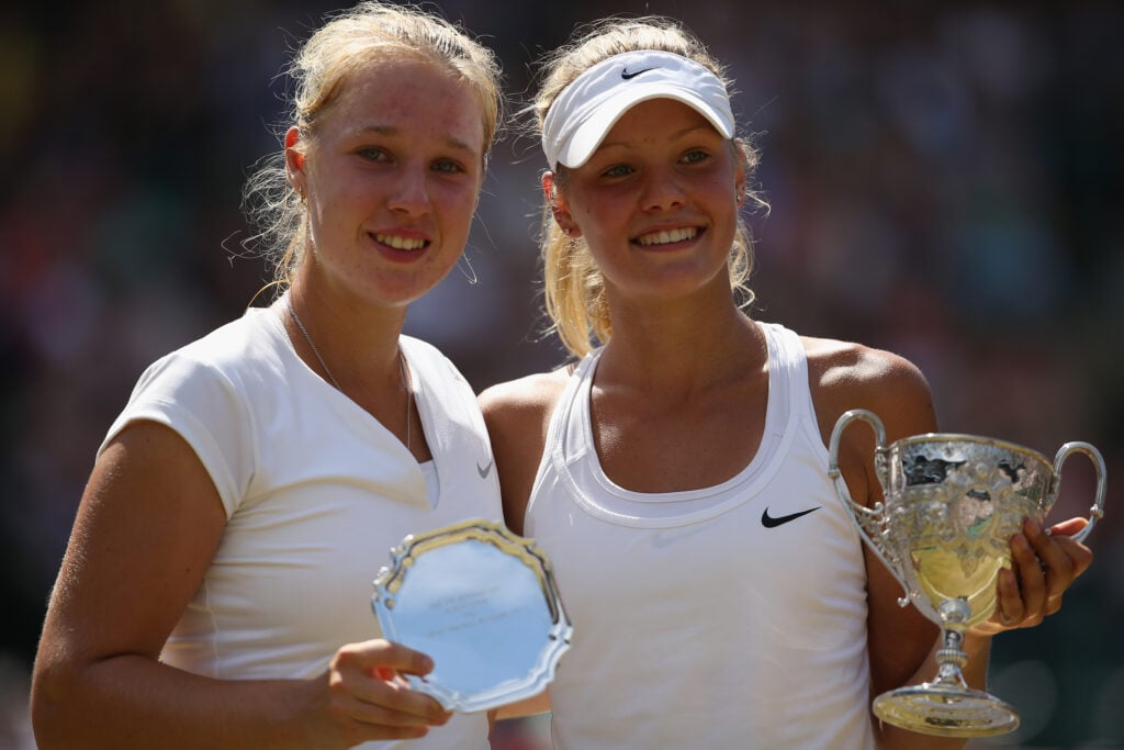 Sofya Zhuk of Russia celebrates winning the Final of the Girls Singles against Anna Blinkova of Russia during the day twelve of the Wimbledon Lawn Tennis Championships at the All England Lawn Tennis and Croquet Club.