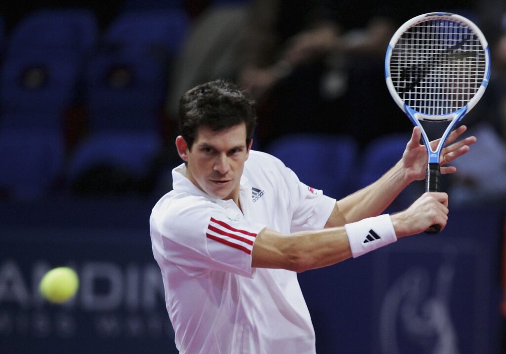 Tim Henman of Great Britain in action against Christophe Rochus of Belgium during the ATP Davidoff Swiss Indoors Tournament at St.Jakobshalle on October 25, 2006 in Basel, Switzerland.