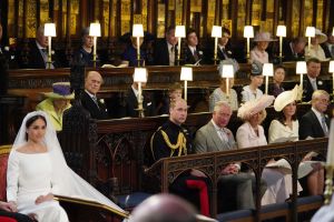 TOPSHOT - US fiancee of Britain's Prince Harry Meghan Markle (L) in St George's Chapel, Windsor Castle for her wedding to Britain's Prince Harry, Duke of Sussex, watched by (middle row L-R) Britain's Queen Elizabeth II, Britain's Prince Philip, Duke of Edinburgh, Britain's Prince Edward, Earl of Wessex, Page boy James, Viscount Severn, Britain's Sophie, Countess of Wessex, Britain's Lady Louise Windsor, Britain's Princess Anne, Princess Royal, Vice Admiral Timothy Laurence, (front row L-R) Britain's Prince William, Duke of Cambridge, Britain's Prince Charles, Prince of Wales, Britain's Camilla, Duchess of Cornwall, Duchess of Britain's Catherine, Duchess of Cambridge, and Britain's Prince Andrew, Duke of York. in the chapel for the wedding ceremony of Britain's Prince Harry, Duke of Sussex and US actress Meghan Markle in St George's Chapel, Windsor Castle, in Windsor, on May 19, 2018. (Photo by Jonathan Brady / POOL / AFP) (Photo by JONATHAN BRADY-/POOL/AFP via Getty Images)