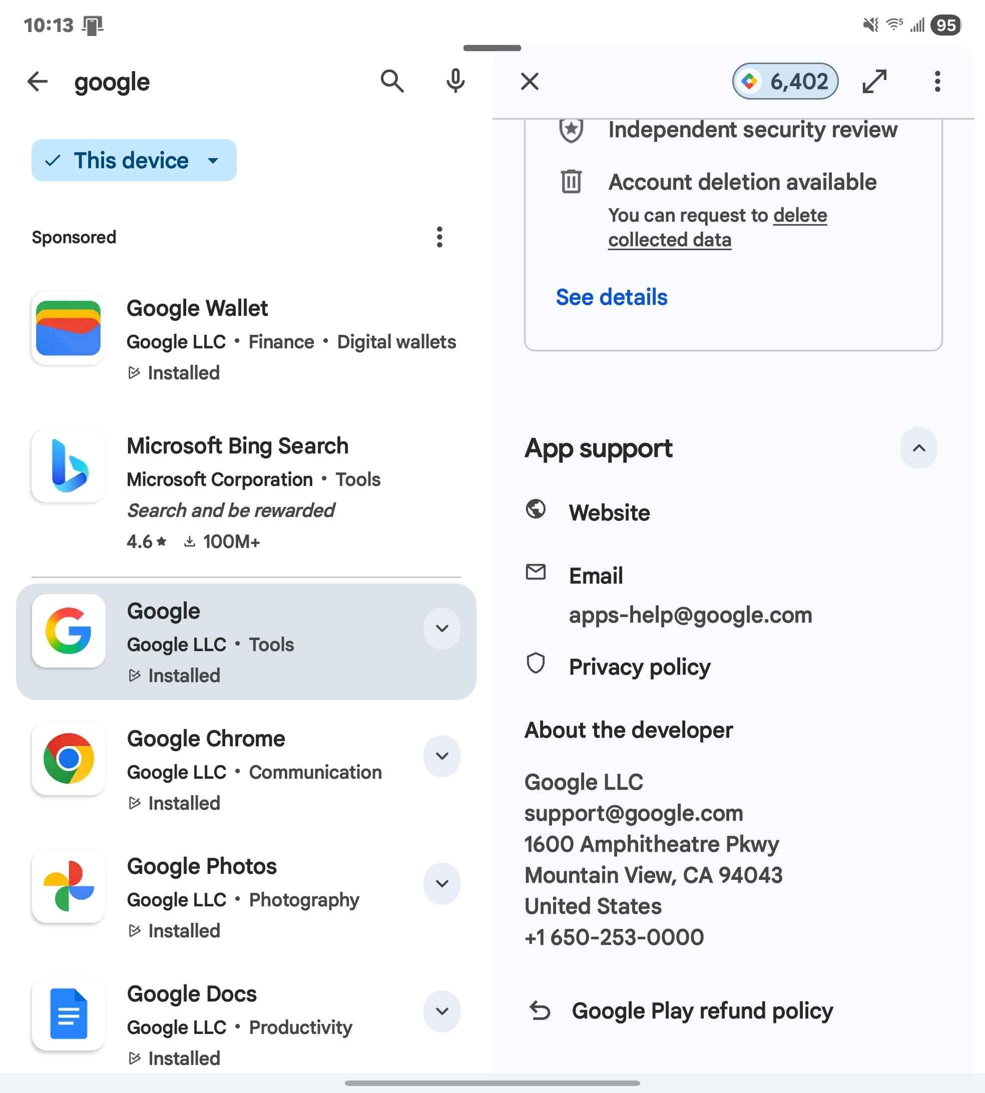 Google Play Store listing showing developer information