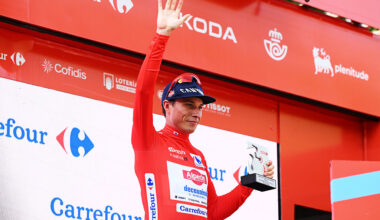 NOVARA, ITALY - AUGUST 23: Jasper Philipsen of Belgium and Team Alpecin - Deceuninck celebrates at podium as Red Leader Jersey winner during the La Vuelta - 80th Tour of Spain 2025, Stage 1 a 186.7km stage from Torino-Reggia di Venaria to Novara / #UCIWT / on August 23, 2025 in Novara, Italy.