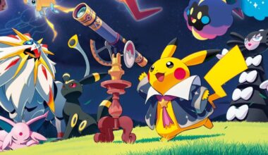 Pikachu looking through a telescope alongside other Pokemon.