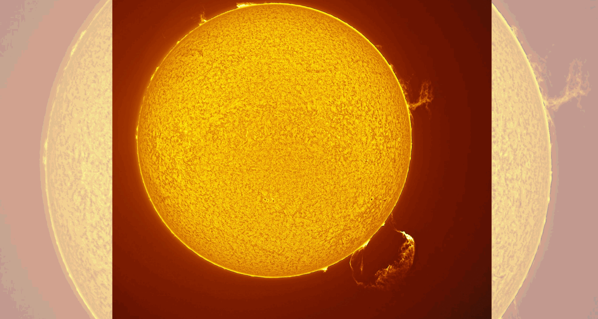 A large solar prominence (bottom right) bursts from the sun while a plasma tornado (top right) rages nearby
